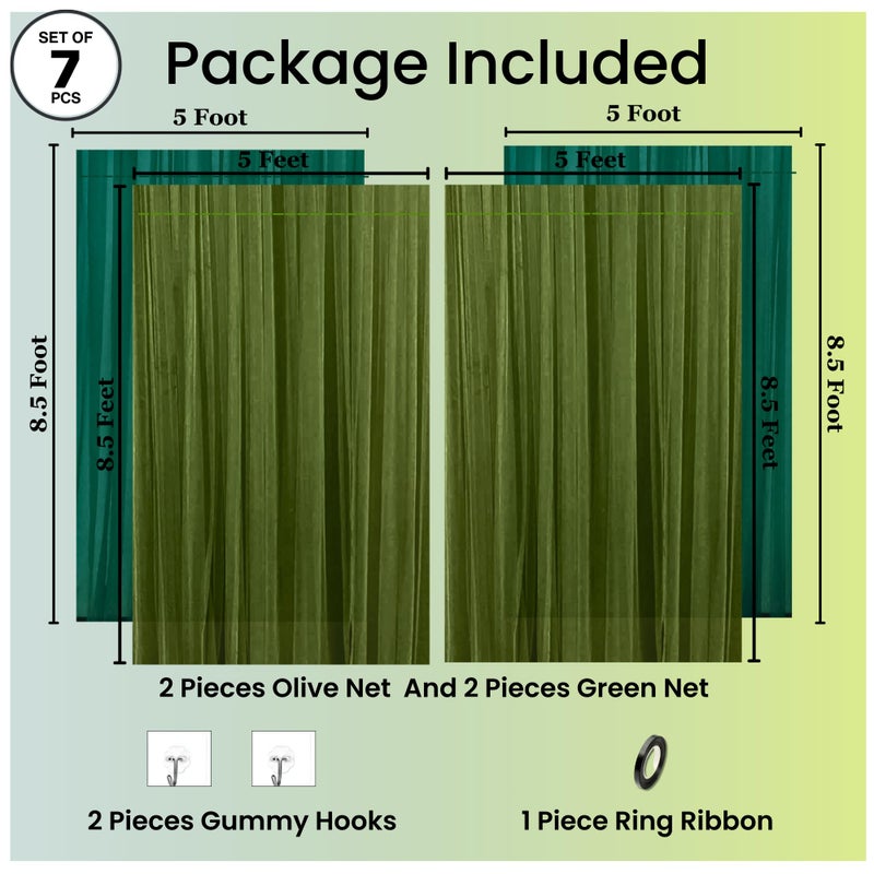 1iAM Olive Green Decoration Net, Hooks, Ribbon Combo Pack of 7 - 2pcs Olive, 2pcs Green, 2pcs Hooks & 1pc Ribbon for Birthday, Anniversary, Wedding, Haldi, Mehndi, Surprise Romantic Party Decoration - Image 2