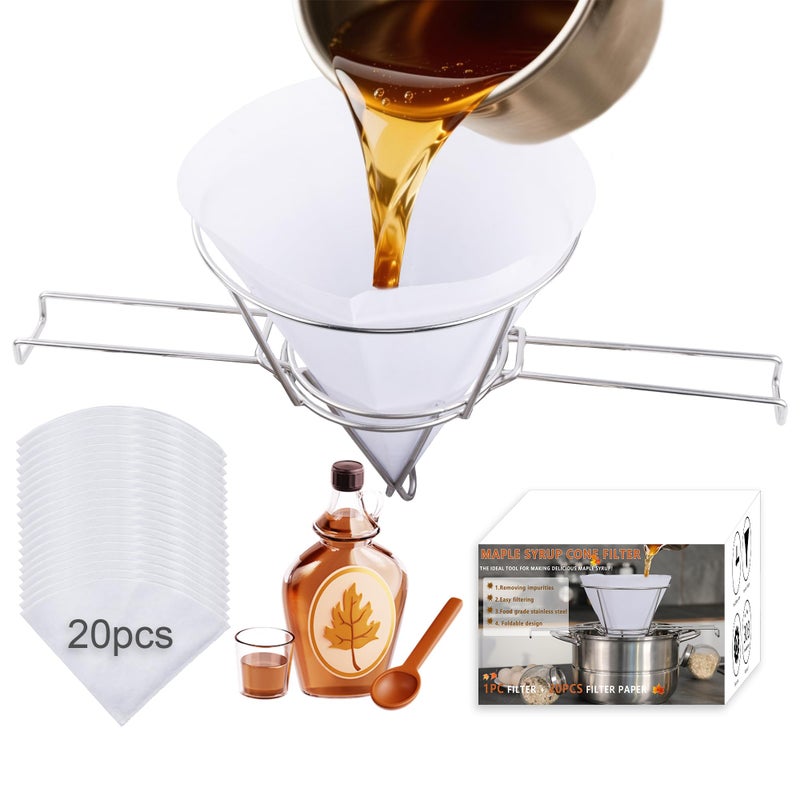 Oscorna Maple Syrup Cone Filter Holder Stand, Stainless Steel Filter Strainer with 20pcs Cone Filter Paper & Folding Arms for Maple Syrup Making and Filtration of Cooking Oil, Kitchen, Food Truck, Restaurant - Image 1