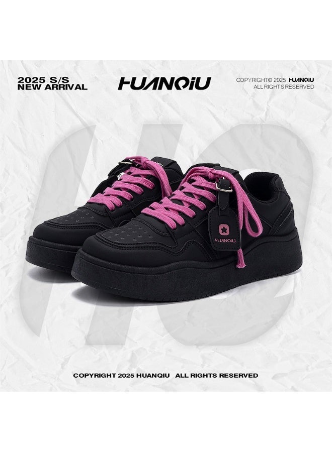 HUANQIU 2025 S/S New Arrival Black Platform Sneakers with Pink Laces - Stylish Casual Low-Top Shoes 39SIZE - Image 1