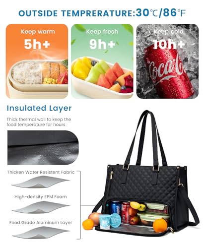 LOVEVOOK Lunch Tote Bag for Women, 15.6 Inch Laptop Bag with Insulated Lunch Compartment, Quilted Large Capacity Computer Handbag with Purse for Business, Work, Nurse, Office, Collage, Casual, Black - Image 2