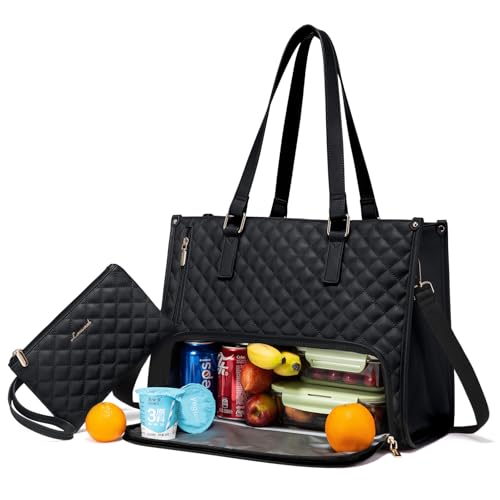 LOVEVOOK Lunch Tote Bag for Women, 15.6 Inch Laptop Bag with Insulated Lunch Compartment, Quilted Large Capacity Computer Handbag with Purse for Business, Work, Nurse, Office, Collage, Casual, Black - Image 1