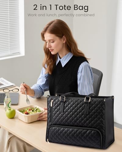 LOVEVOOK Lunch Tote Bag for Women, 15.6 Inch Laptop Bag with Insulated Lunch Compartment, Quilted Large Capacity Computer Handbag with Purse for Business, Work, Nurse, Office, Collage, Casual, Black - Image 5