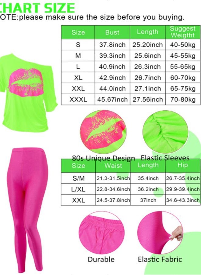 Blulu 80s Women Costume Set, Lips Print off Shoulder T-shirt, Geometric Legging Pants Earring Necklace Gloves Bracelet, Fluorescent Green, L - Image 4