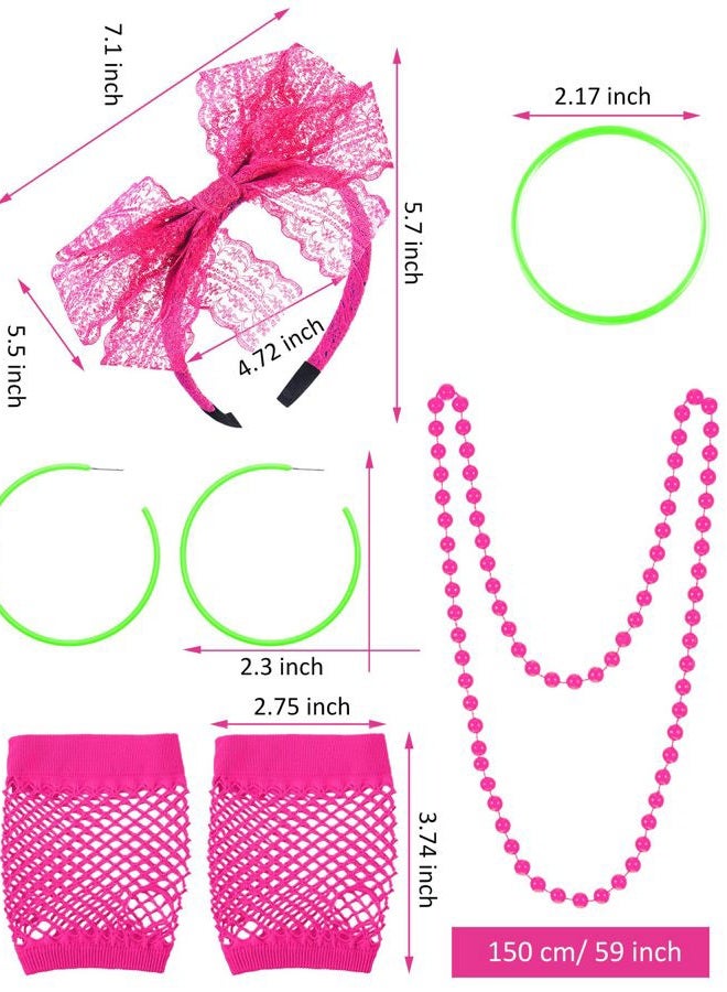 Blulu 80s Women Costume Set, Lips Print off Shoulder T-shirt, Geometric Legging Pants Earring Necklace Gloves Bracelet, Fluorescent Green, L - Image 3