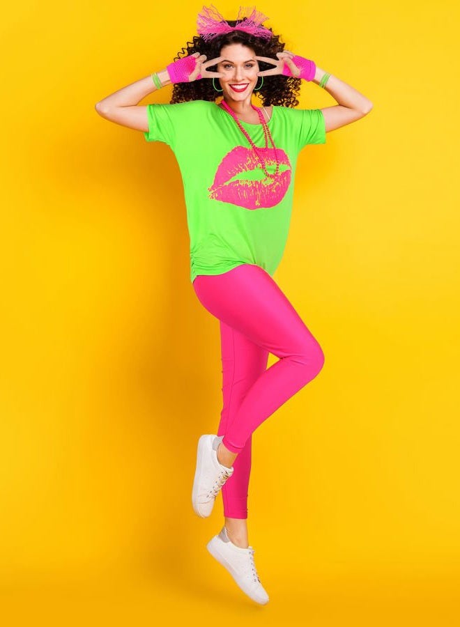 Blulu 80s Women Costume Set, Lips Print off Shoulder T-shirt, Geometric Legging Pants Earring Necklace Gloves Bracelet, Fluorescent Green, L - Image 5