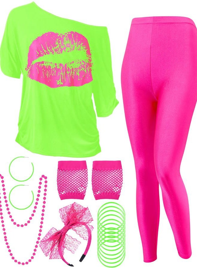 Blulu 80s Women Costume Set, Lips Print off Shoulder T-shirt, Geometric Legging Pants Earring Necklace Gloves Bracelet, Fluorescent Green, L - Image 1