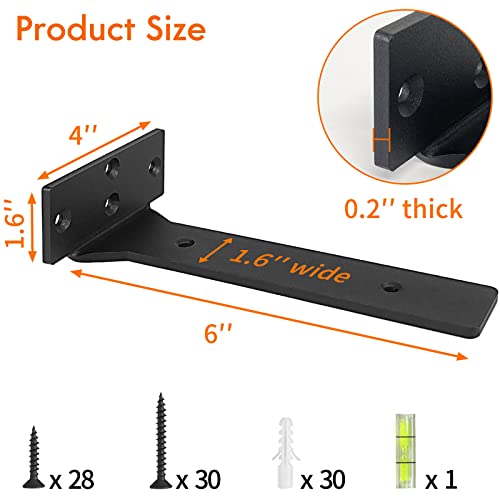 Foozet Floating Shelf Brackets, 6 inch Heavy Duty Industrial Shelf Bracket, Black Metal L Brackets for Shelves Support DIY with Hardware (6 Pack) - Image 2