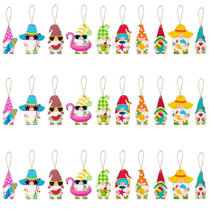 WATINC 31pcs Summer Gnome Hanging Wooden Ornament Set Flamingo Element Wood Pendant Crafts Decor Supplies Wood Tags Embellishments with Rope for Holiday Hawaiian Beach Party Decoration 10 Styles
