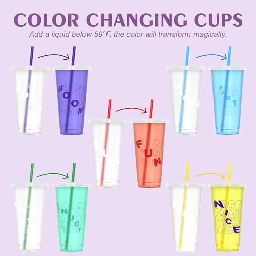 OZMOJOO Color Changing Cups, Plastic Cups with Lids and Straws, Reusable Plastic Tumblers - BPA-Free, Durable & Food Safe, Ideal for Iced Coffee, Smoothies & Cold Drinks, 5 Pack - Vibe Typography Style - Image 2