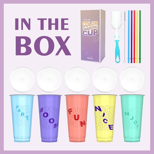 OZMOJOO Color Changing Cups, Plastic Cups with Lids and Straws, Reusable Plastic Tumblers - BPA-Free, Durable & Food Safe, Ideal for Iced Coffee, Smoothies & Cold Drinks, 5 Pack - Vibe Typography Style - Image 4