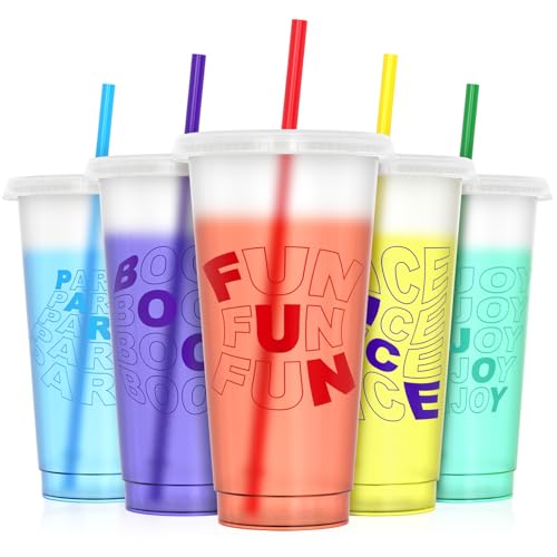 OZMOJOO Color Changing Cups, Plastic Cups with Lids and Straws, Reusable Plastic Tumblers - BPA-Free, Durable & Food Safe, Ideal for Iced Coffee, Smoothies & Cold Drinks, 5 Pack - Vibe Typography Style - Image 1
