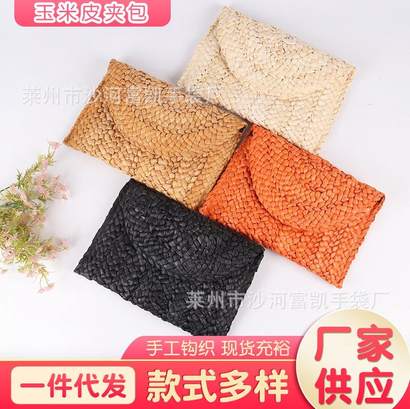 Factory Corn Leather Clutch Straw Women'S Clip Bag Casual Bag Coin Purse Hand Woven Beach Bag - Image 2