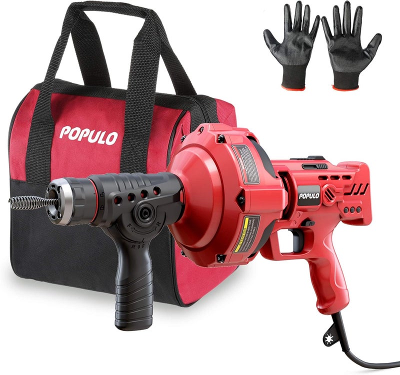 populo 120V Auto Feed Drain Auger,23 FT Drain Snake Suitable For 3/4"-2" Pipes For Unclogging Sinks,Shower Floor Drain and Outdoor Drain Pipe.Plumbers Snake Cleaner Include Glove,Cloth Bag - Image 1