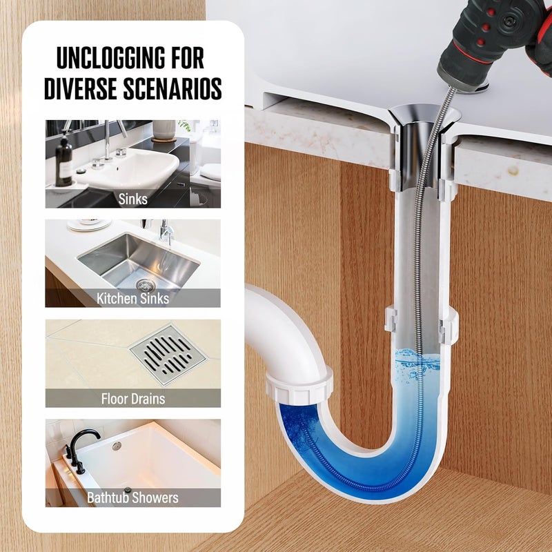 populo 120V Auto Feed Drain Auger,23 FT Drain Snake Suitable For 3/4"-2" Pipes For Unclogging Sinks,Shower Floor Drain and Outdoor Drain Pipe.Plumbers Snake Cleaner Include Glove,Cloth Bag - Image 2