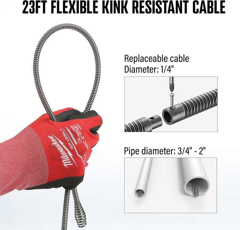 populo 120V Auto Feed Drain Auger,23 FT Drain Snake Suitable For 3/4"-2" Pipes For Unclogging Sinks,Shower Floor Drain and Outdoor Drain Pipe.Plumbers Snake Cleaner Include Glove,Cloth Bag - Image 4