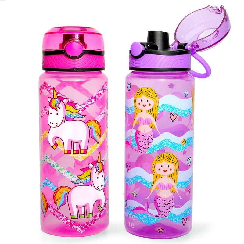 Home Tune 23oz Kids Water Drinking Bottle 2 Pack - BPA Free  Auto Push Button  Chug Lid  Carry Loop Lightweight  Leak-Proof Water Bottle with Cute Design For Girls & Boys - Unicorn & Mermaid - Image 1