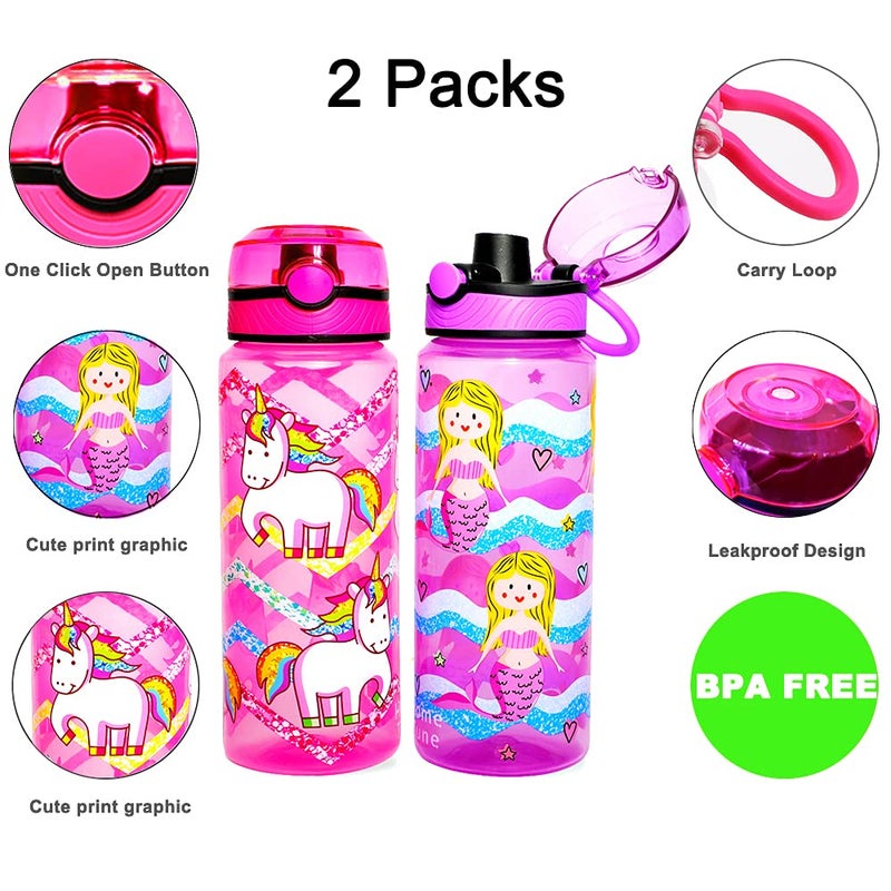 Home Tune 23oz Kids Water Drinking Bottle 2 Pack - BPA Free  Auto Push Button  Chug Lid  Carry Loop Lightweight  Leak-Proof Water Bottle with Cute Design For Girls & Boys - Unicorn & Mermaid - Image 2