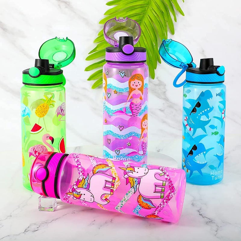 Home Tune 23oz Kids Water Drinking Bottle 2 Pack - BPA Free  Auto Push Button  Chug Lid  Carry Loop Lightweight  Leak-Proof Water Bottle with Cute Design For Girls & Boys - Unicorn & Mermaid - Image 3
