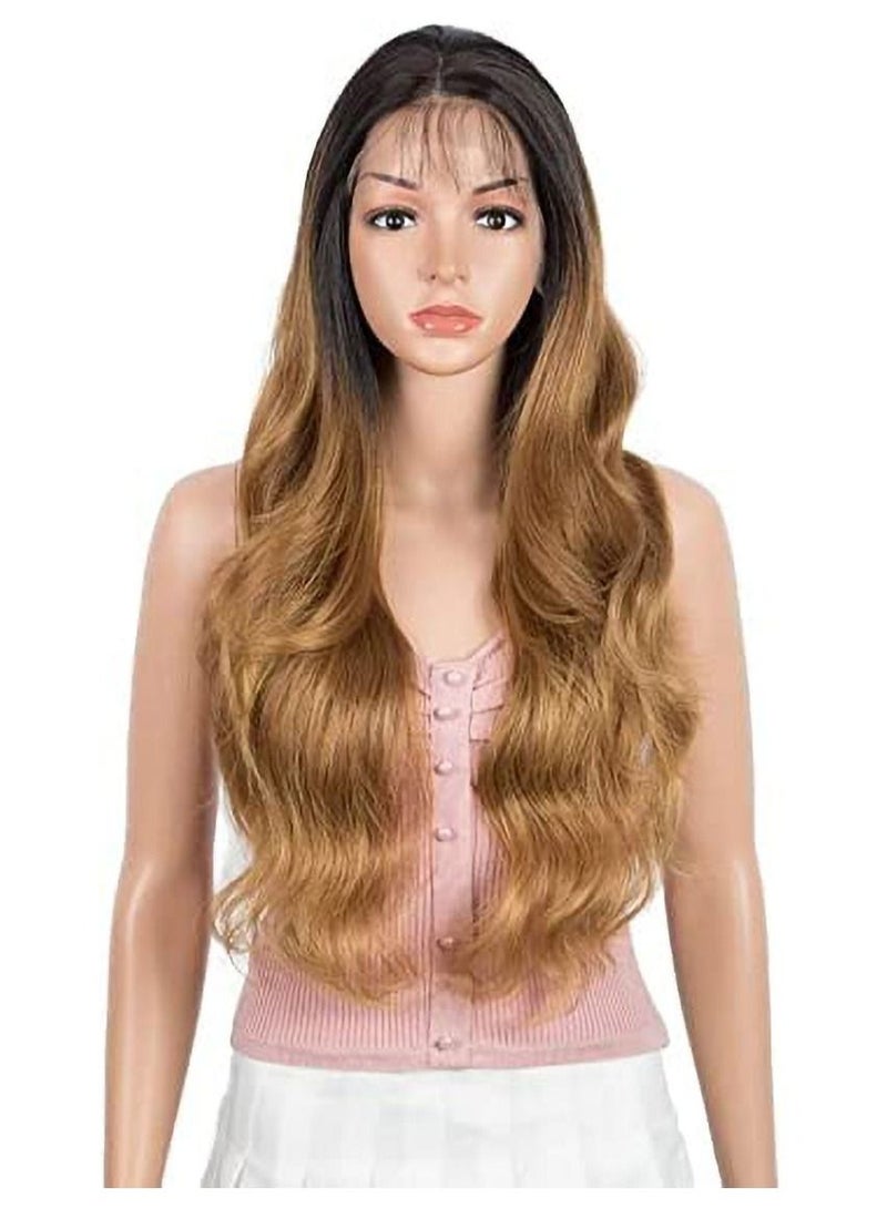 Estelle Long wavy Lace Front with 13"x2.5" Simulated Scalp Wig 24'' Body Wavy Free Part Heat Resistant Synthetic Wigs With Baby Hair For Women 130% Density (Body Wave, Ombre Honey Color) - Image 1
