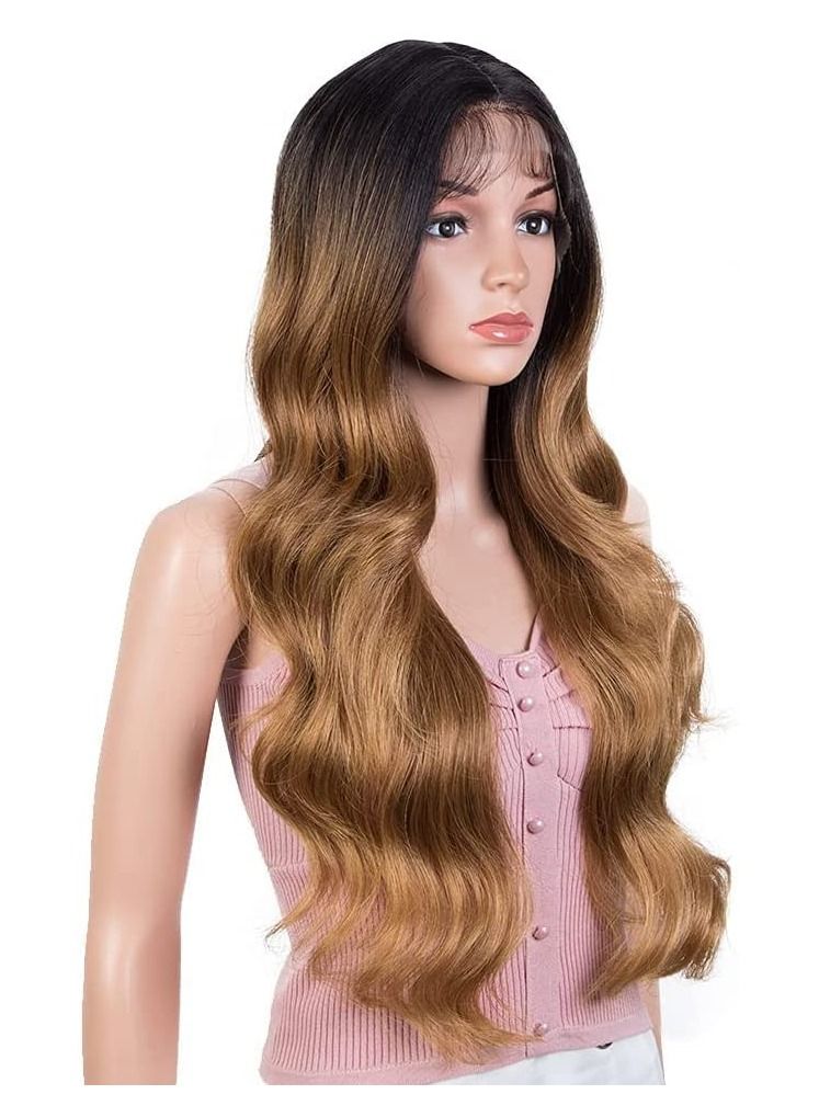 Estelle Long wavy Lace Front with 13"x2.5" Simulated Scalp Wig 24'' Body Wavy Free Part Heat Resistant Synthetic Wigs With Baby Hair For Women 130% Density (Body Wave, Ombre Honey Color) - Image 3