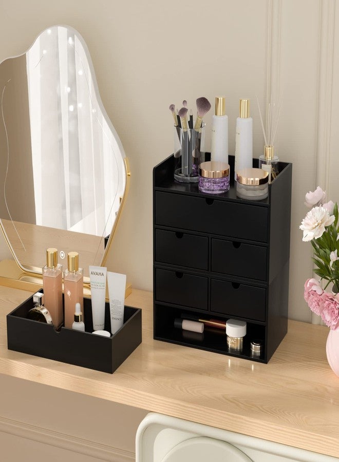 Wisuce Bamboo Desk Organizer - Mini Bamboo Desk Drawer Tabletop Cosmetic Storage Organization for Office or Home Black with Shelf - Image 3