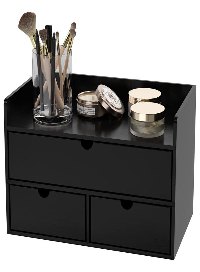 Wisuce Bamboo Desk Organizer - Mini Bamboo Desk Drawer Tabletop Cosmetic Storage Organization for Office or Home Black with Shelf - Image 1