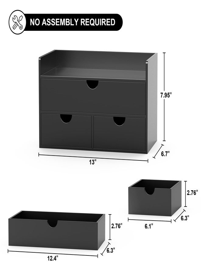 Wisuce Bamboo Desk Organizer - Mini Bamboo Desk Drawer Tabletop Cosmetic Storage Organization for Office or Home Black with Shelf - Image 2