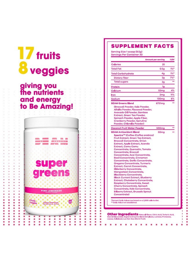 BEAM Be Amazing Super Greens Powder With Prebiotics Digestive Enzymes  Antioxidants  Energy Supplements 18 Fruits  8 Veggies  Glutenfree Juice  Smoothie Mix  Pink Lemonade 30 Servings 342 G - Image 3