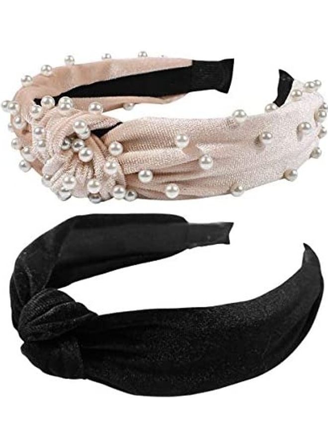 NIBEMINENT 2-Piece Velvet Headband Black/Beige