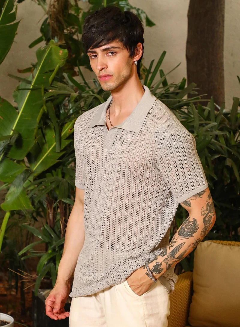 Campus Sutra Men's Tan Brown Block-Textured Polo T-Shirt