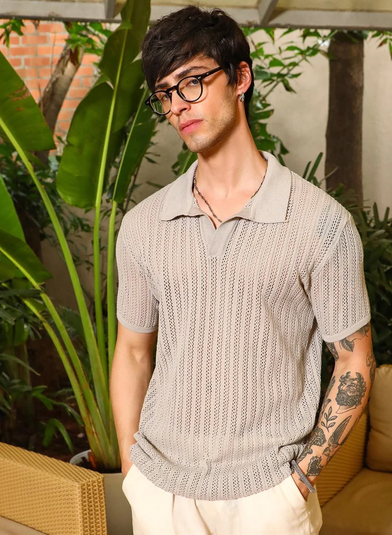 Campus Sutra Men's Tan Brown Block-Textured Polo T-Shirt