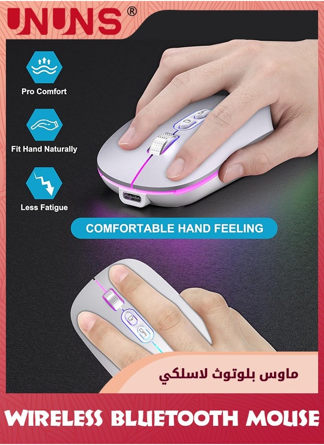 UNUNS - ماوس بلوتوث لاسلكي LED، ماوس كمبيوتر محمول رفيع صامت قابل لإعادة الشحن، ماوس كمبيوتر محمول ثنائي الوضع بمستقبل USB BT5.2+2.4G، 3 نقاط لكل بوصة قابلة للتعديل، ماوس للكمبيوتر المحمول والكمبيوتر اللوحي والهاتف، فضي - Image 1