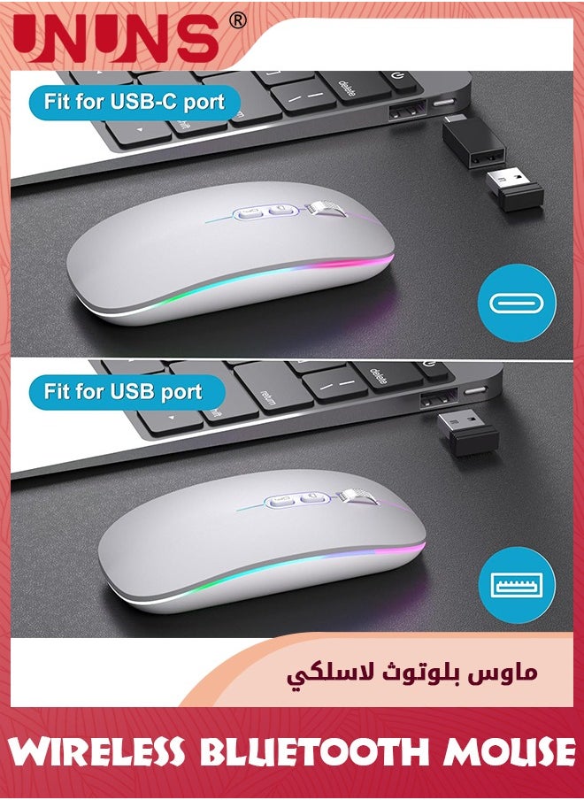 UNUNS - ماوس بلوتوث لاسلكي LED، ماوس كمبيوتر محمول رفيع صامت قابل لإعادة الشحن، ماوس كمبيوتر محمول ثنائي الوضع بمستقبل USB BT5.2+2.4G، 3 نقاط لكل بوصة قابلة للتعديل، ماوس للكمبيوتر المحمول والكمبيوتر اللوحي والهاتف، فضي - Image 1