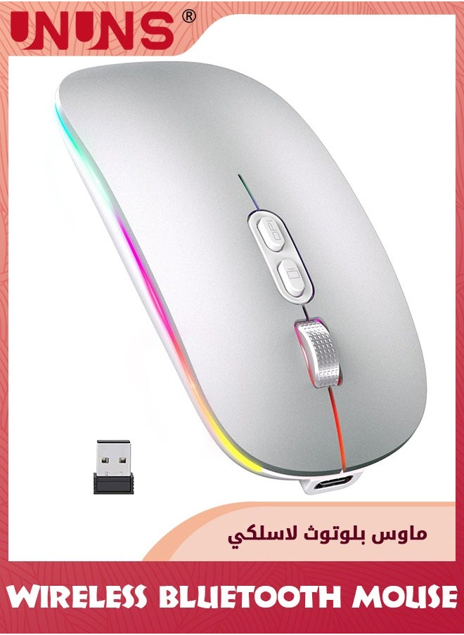 UNUNS - ماوس بلوتوث لاسلكي LED، ماوس كمبيوتر محمول رفيع صامت قابل لإعادة الشحن، ماوس كمبيوتر محمول ثنائي الوضع بمستقبل USB BT5.2+2.4G، 3 نقاط لكل بوصة قابلة للتعديل، ماوس للكمبيوتر المحمول والكمبيوتر اللوحي والهاتف، فضي - Image 1