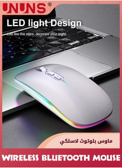 UNUNS ماوس بلوتوث لاسلكي LED، ماوس كمبيوتر محمول رفيع صامت قابل لإعادة الشحن، ماوس كمبيوتر محمول ثنائي الوضع بمستقبل USB BT5.2+2.4G، 3 نقاط لكل بوصة قابلة للتعديل، ماوس للكمبيوتر المحمول والكمبيوتر اللوحي والهاتف، فضي  - Image 2