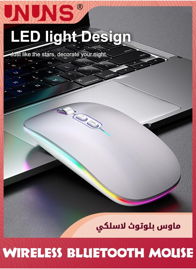 UNUNS - ماوس بلوتوث لاسلكي LED، ماوس كمبيوتر محمول رفيع صامت قابل لإعادة الشحن، ماوس كمبيوتر محمول ثنائي الوضع بمستقبل USB BT5.2+2.4G، 3 نقاط لكل بوصة قابلة للتعديل، ماوس للكمبيوتر المحمول والكمبيوتر اللوحي والهاتف، فضي - Image 1