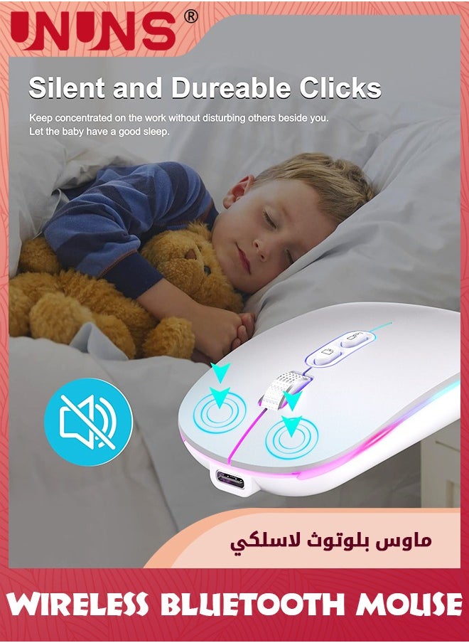 UNUNS - ماوس بلوتوث لاسلكي LED، ماوس كمبيوتر محمول رفيع صامت قابل لإعادة الشحن، ماوس كمبيوتر محمول ثنائي الوضع بمستقبل USB BT5.2+2.4G، 3 نقاط لكل بوصة قابلة للتعديل، ماوس للكمبيوتر المحمول والكمبيوتر اللوحي والهاتف، فضي - Image 1