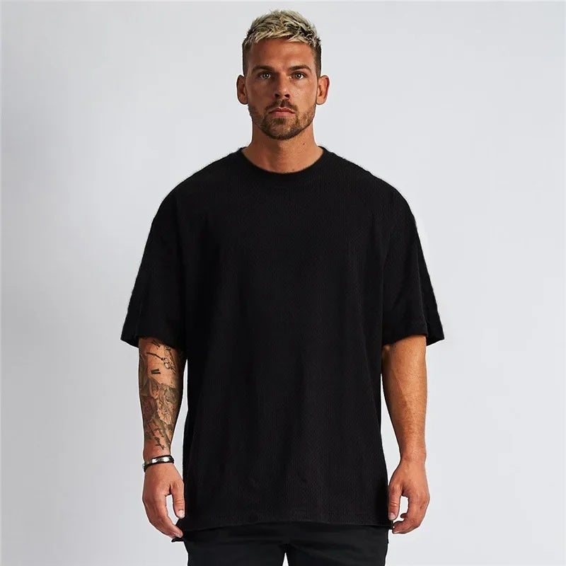 Large Size Oversized Solid Color Shoulder Loose Bodybuilding Fitness Short Sleeve T-shirt Men''s Mesh Breathable Half Sleeve - Image 2