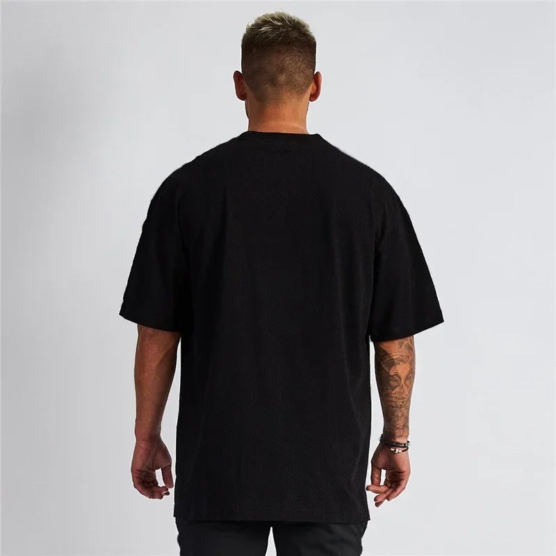 Large Size Oversized Solid Color Shoulder Loose Bodybuilding Fitness Short Sleeve T-shirt Men''s Mesh Breathable Half Sleeve - Image 3