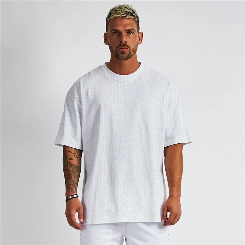 Large Size Oversized Solid Color Shoulder Loose Bodybuilding Fitness Short Sleeve T-shirt Men''s Mesh Breathable Half Sleeve - Image 4