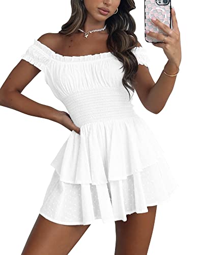 Bingerlily Womens Summer Off Shoulder Mini Dress Cute Chiffon Slim Fit Dresses (White,Small,Adult,Female,US,Alpha,Regular,Regular,Small) - Image 1