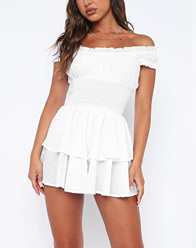 Bingerlily Womens Summer Off Shoulder Mini Dress Cute Chiffon Slim Fit Dresses (White,Small,Adult,Female,US,Alpha,Regular,Regular,Small) - Image 2