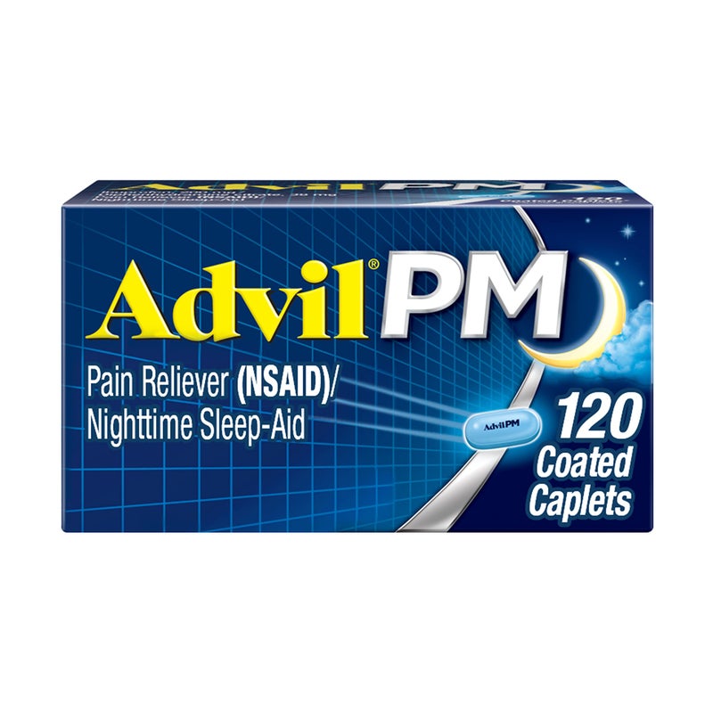 Advil أدفيل بي إم مسكن للألم ومساعد للنوم الليلي، دواء للألم مع الإيبوبروفين لتخفيف الألم وديفينهيدرامين سترات كمساعد للنوم - 120 قرص مغلف - Image 1