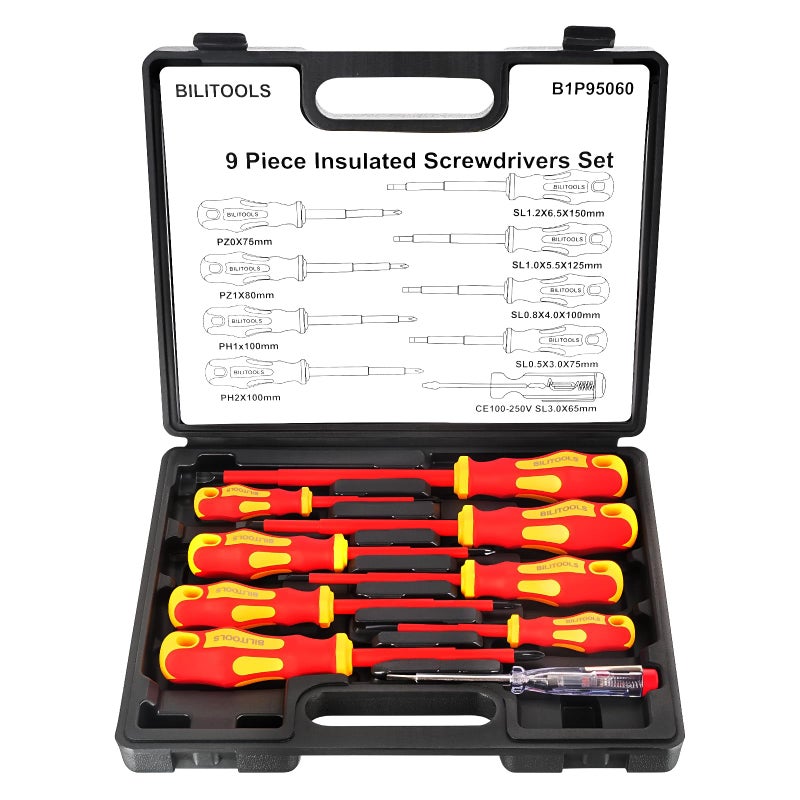 BILITOOLS Insulated Screwdriver Set 9pcs 1000V Electrical Screwdriver Insulated VDE Tools for Electrician Magnetic Phillips Slotted Pozidriv Tips