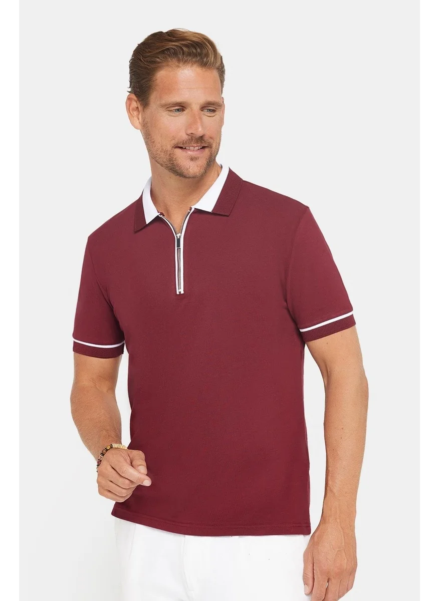 Tudors Men's Slim Fit Slim Cut Cotton Plain Pique Zippered Burgundy Polo Neck T-Shirt