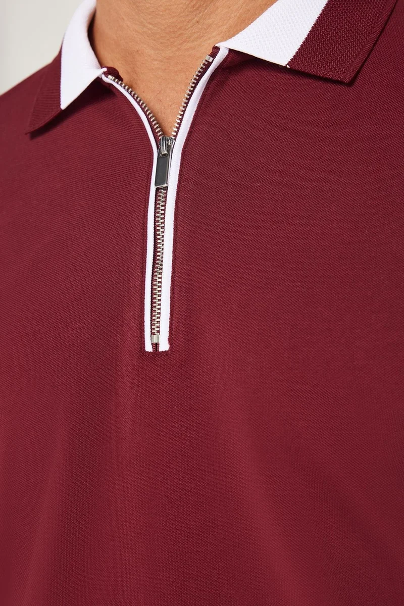Tudors Men's Slim Fit Slim Cut Cotton Plain Pique Zippered Burgundy Polo Neck T-Shirt