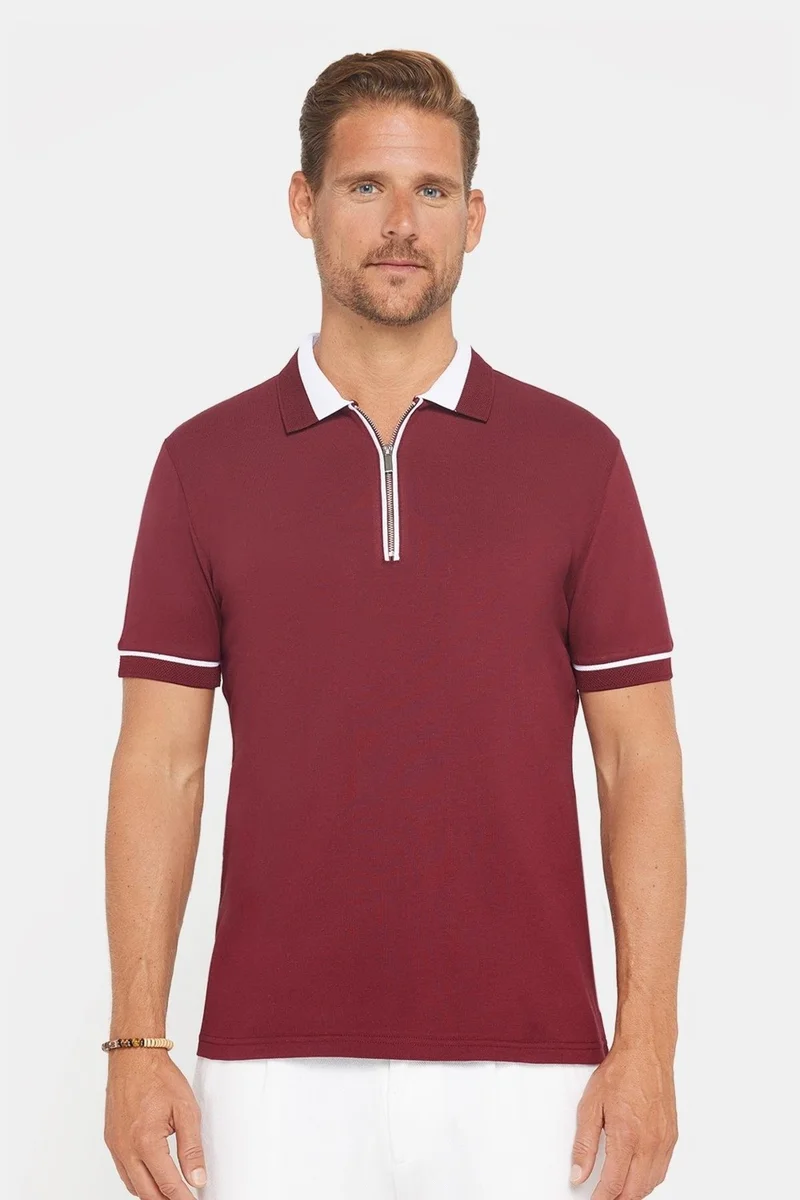 Tudors Men's Slim Fit Slim Cut Cotton Plain Pique Zippered Burgundy Polo Neck T-Shirt