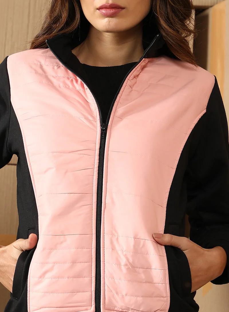 Campus Sutra Women's Baby Pink & Onyx Black Zip-Front Block Jacket