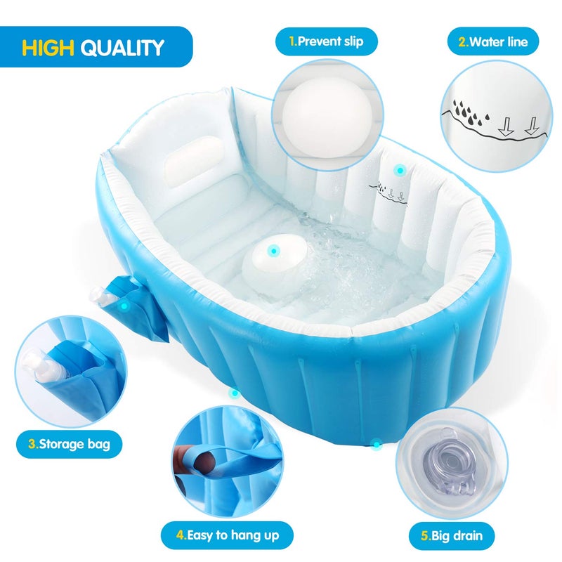 Intime Baby Inflatable Bathtub, Portable Infant Toddler Bathing Tub Non Slip Travel Bathtub Mini Air Swimming Pool Kids Thick Foldable Shower Basin with Air Pump, Blue - Image 3