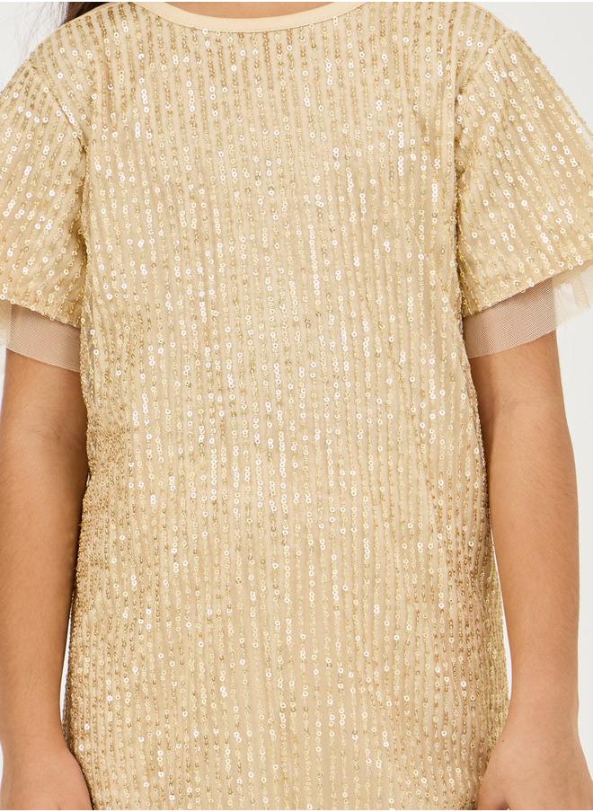 Styli Sequined A-Line Dress with Mesh Insert  - Image 3